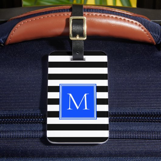 Schwarz-Weiß-Streifen mit Kobalt-Monogramm Gepäckanhänger (Vorderseite Insitu 2)