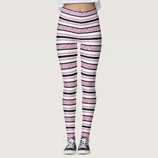 Schwarz-Weiß Streifen mit Magenta-Muster Leggings (Vorderseite)
