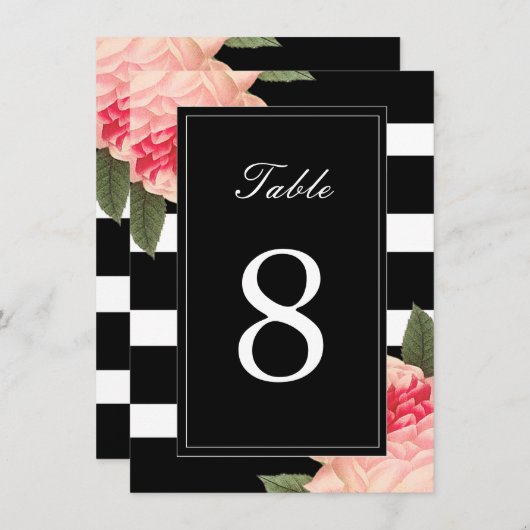 Schwarz-Weiß-Streifen mit Peonie-Tischnummern Einladung (Vorne/Hinten)