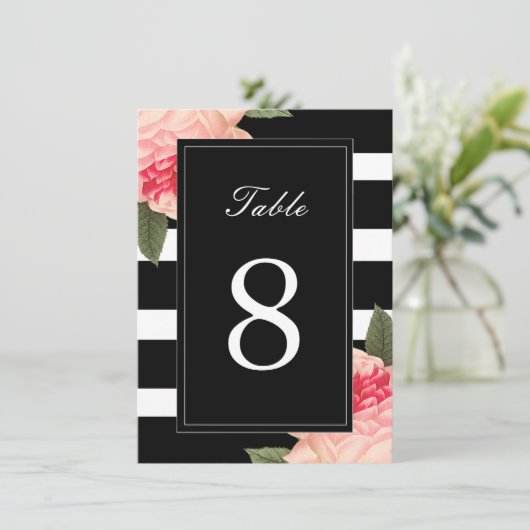 Schwarz-Weiß-Streifen mit Peonie-Tischnummern Einladung (Stehend Vorderseite)