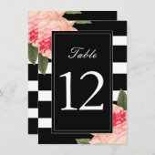 Schwarz-Weiß-Streifen mit Peonie-Tischnummern Einladung (Vorne/Hinten)