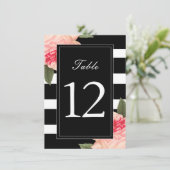 Schwarz-Weiß-Streifen mit Peonie-Tischnummern Einladung (Stehend Vorderseite)