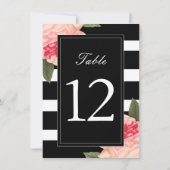 Schwarz-Weiß-Streifen mit Peonie-Tischnummern Einladung (Rückseite)