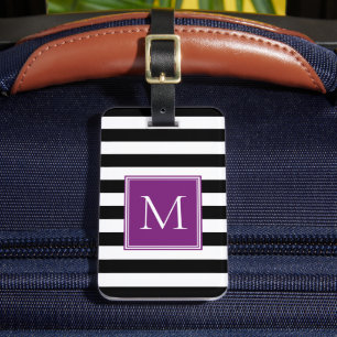 Schwarz-Weiß-Streifen mit Pflaumen-Monogramm Gepäckanhänger