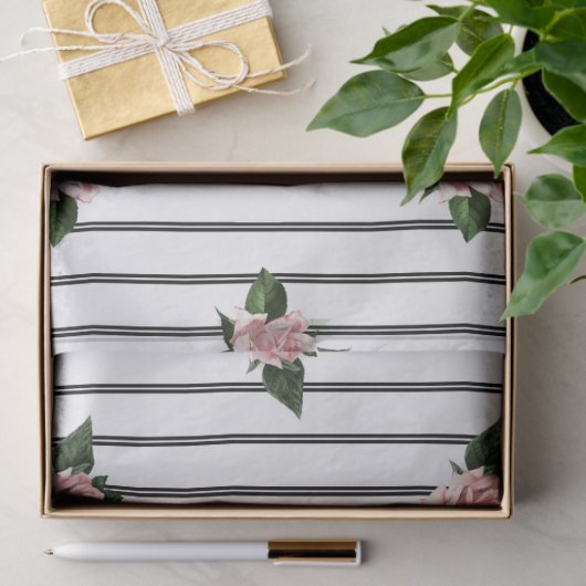 Schwarz-Weiß-Streifen mit rosa Rosendekoupage Seidenpapier (Geschenk)