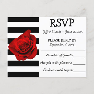 Schwarz-Weiß-Streifen mit RSVP für Rote Rose-Hochz Einladungspostkarte