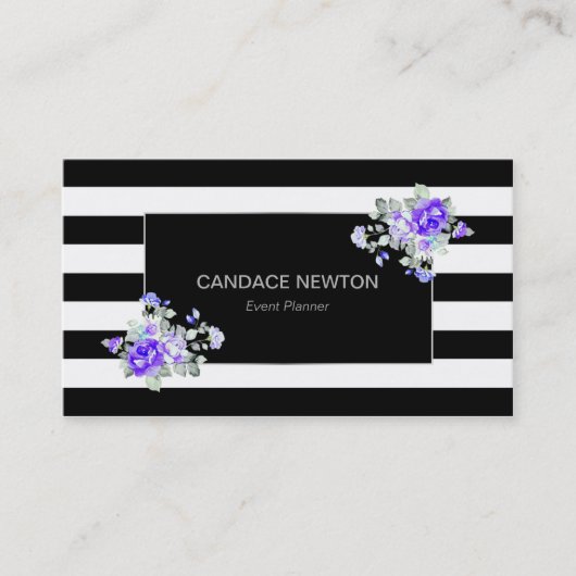 Schwarz-Weiß-Streifen mit Silver & Lavender-Rose Visitenkarte (Vorderseite)