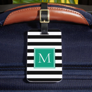 Schwarz-Weiß-Streifen mit Smaragd-Monogramm Gepäckanhänger