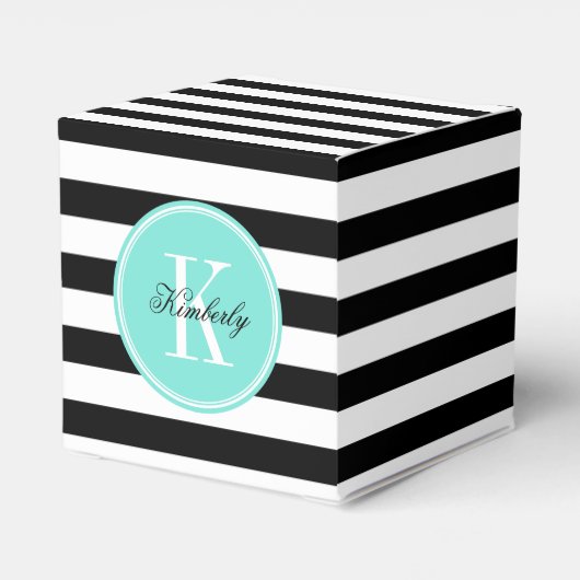 Schwarz-Weiß-Streifen mit Türkisfarben-Monogramm Geschenkschachtel (Rückseite)