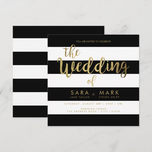 Schwarz-Weiß-Streifen mit Typografie aus Goldfolie Einladung (Vorne/Hinten)