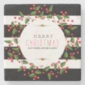 Schwarz-Weiß-Streifen mit Weihnachtskranz Steinuntersetzer (Vorderseite)