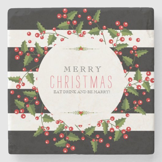 Schwarz-Weiß-Streifen mit Weihnachtskranz Steinuntersetzer (Vorderseite)