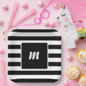 Schwarz-Weiß-Streifen-Monogramm Pappteller (Party)