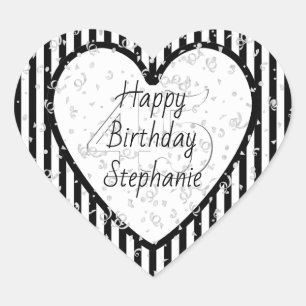 Schwarz-Weiß-Streifen Muster glücklich Geburtstag Herz-Aufkleber