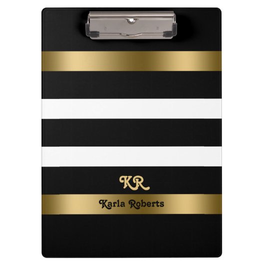 Schwarz-Weiß Streifen Muster Gold Akzente Klemmbrett (Vorderseite)