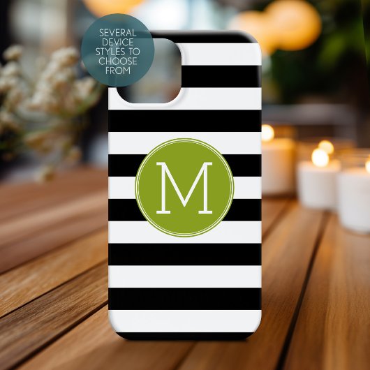 Schwarz-Weiß-Streifen Muster Grüne Monogramm Case-Mate iPhone Hülle