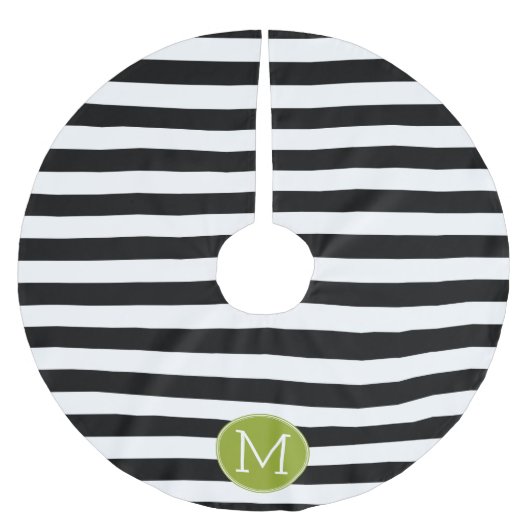 Schwarz-Weiß-Streifen Muster Grüne Monogramm Polyester Weihnachtsbaumdecke (Vorderseite)
