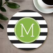 Schwarz-Weiß-Streifen Muster Grüne Monogramm Runder Pappuntersetzer