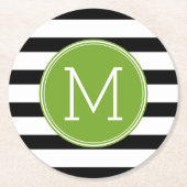 Schwarz-Weiß-Streifen Muster Grüne Monogramm Runder Pappuntersetzer (Vorderseite)