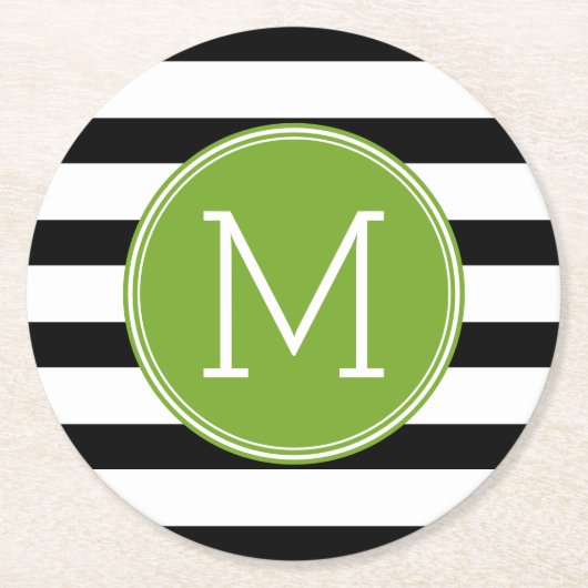 Schwarz-Weiß-Streifen Muster Grüne Monogramm Runder Pappuntersetzer (Vorderseite)