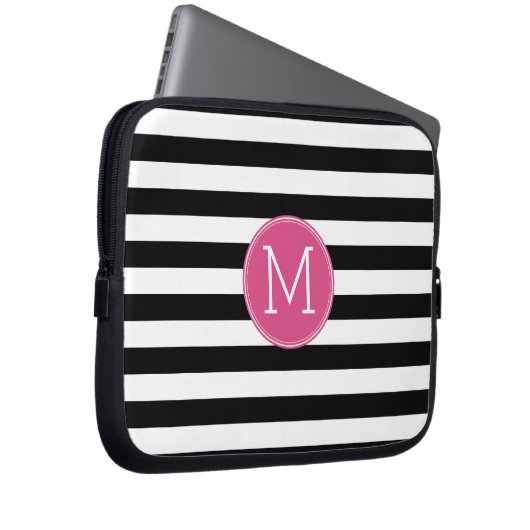 Schwarz-Weiß-Streifen Muster - Hot-Pink-Monogramm Laptopschutzhülle (Vorne Rechts)