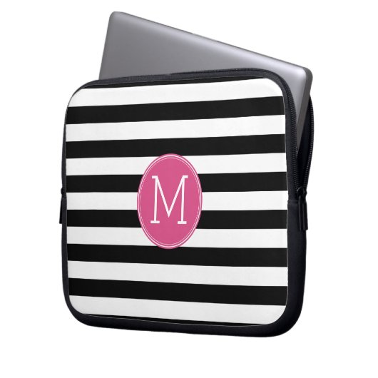 Schwarz-Weiß-Streifen Muster - Hot-Pink-Monogramm Laptopschutzhülle (Vorderseite Links)