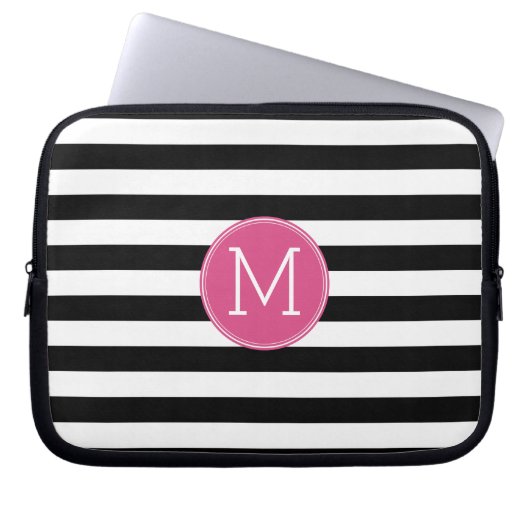 Schwarz-Weiß-Streifen Muster - Hot-Pink-Monogramm Laptopschutzhülle (Vorderseite)