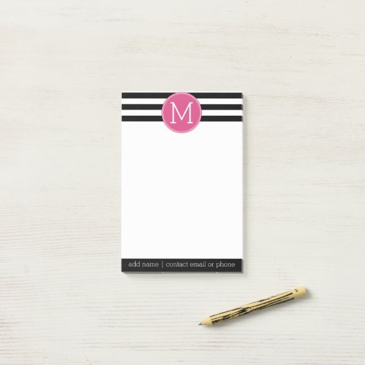 Schwarz-Weiß-Streifen Muster - Hot-Pink-Monogramm Post-it Klebezettel (Auf Schreibtisch)
