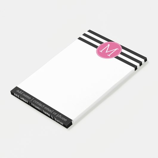 Schwarz-Weiß-Streifen Muster - Hot-Pink-Monogramm Post-it Klebezettel (angewinkelt)