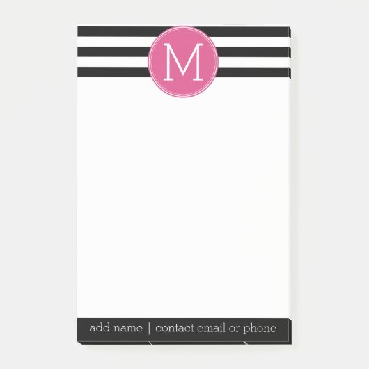 Schwarz-Weiß-Streifen Muster - Hot-Pink-Monogramm Post-it Klebezettel (Vorderseite)