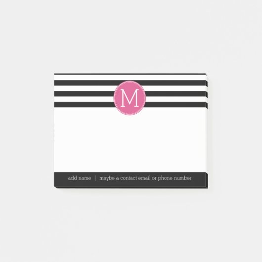 Schwarz-Weiß-Streifen Muster - Hot-Pink-Monogramm Post-it Klebezettel (Vorderseite)