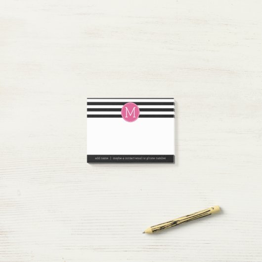 Schwarz-Weiß-Streifen Muster - Hot-Pink-Monogramm Post-it Klebezettel (Auf Schreibtisch)