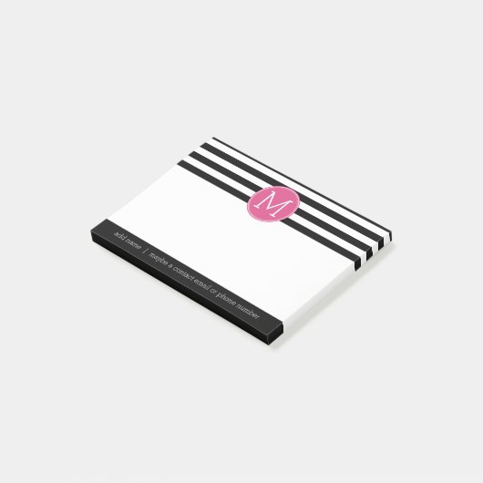Schwarz-Weiß-Streifen Muster - Hot-Pink-Monogramm Post-it Klebezettel (angewinkelt)