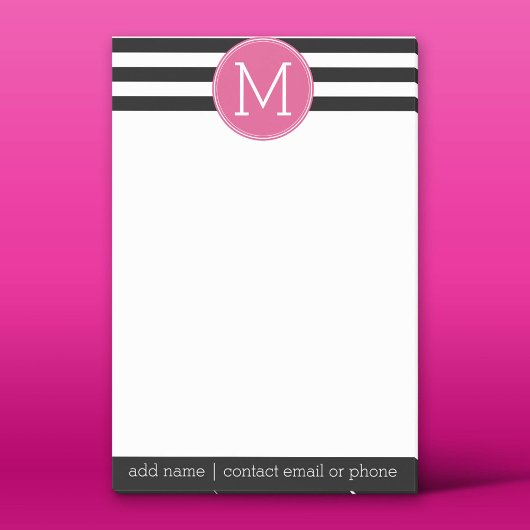 Schwarz-Weiß-Streifen Muster - Hot-Pink-Monogramm Post-it Klebezettel