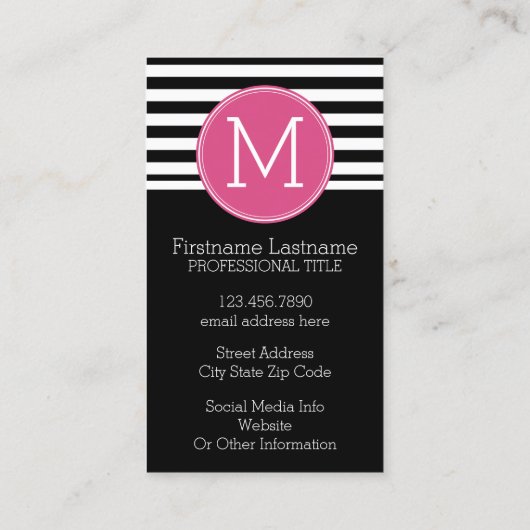 Schwarz-Weiß-Streifen Muster - Hot-Pink-Monogramm Visitenkarte (Rückseite)