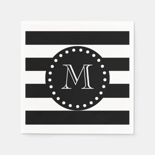 Schwarz-Weiß-Streifen-Muster, Schwarz-Monogramm Serviette (Vorderseite)