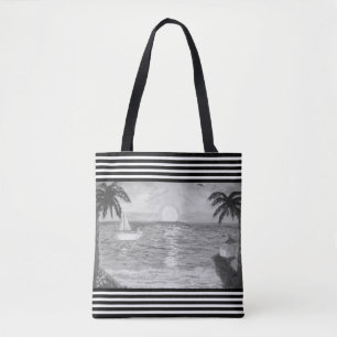 Schwarz-Weiß-Streifen & Ozean-Strandlandschaft Tasche