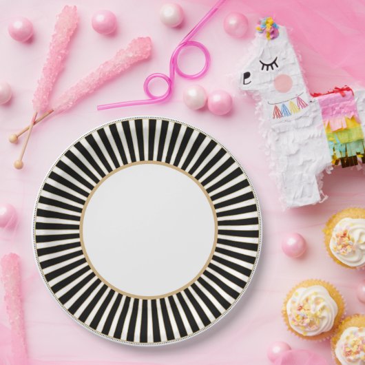 Schwarz-Weiß-Streifen Pappteller (Party)