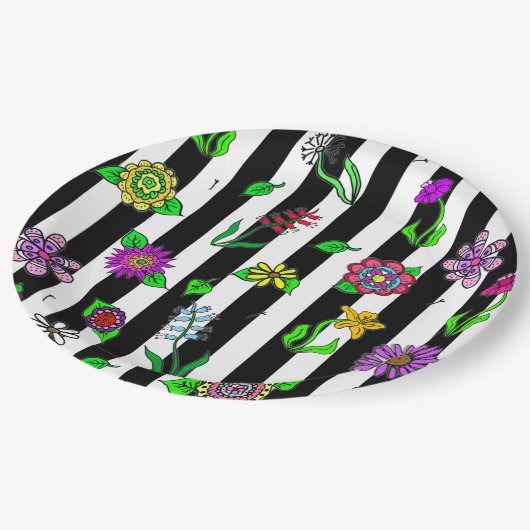 Schwarz-Weiß-Streifen Pappteller (Schrägansicht)