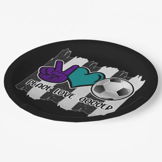 Schwarz-Weiß-Streifen Peace Liebe Soccer Pappteller (Schrägansicht)