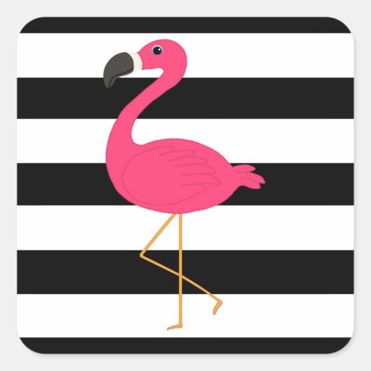Schwarz-Weiß-Streifen Pink Flamingo Quadratischer Aufkleber (Vorderseite)