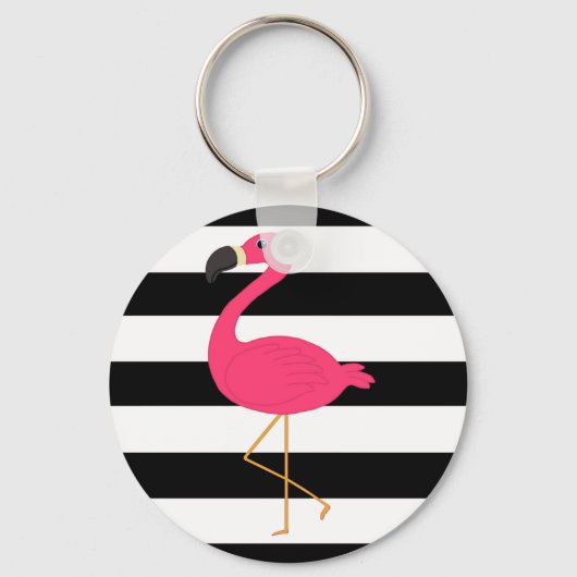 Schwarz-Weiß-Streifen Pink Flamingo Schlüsselanhänger (Vorderseite)