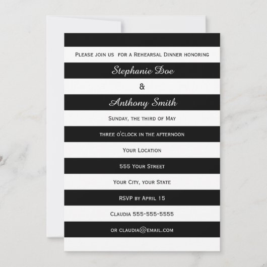 Schwarz-Weiß-Streifen Probe Abendessen Einladung (Vorderseite)