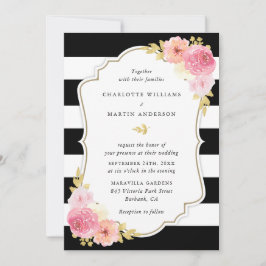 Schwarz-Weiß-Streifen Rosa Blütenblume Einladung