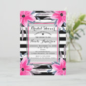 Schwarz-Weiß Streifen Rosa Blütenfarben Moderne Bo Einladung (Stehend Vorderseite)