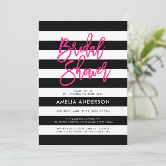 Schwarz/Weiß Streifen Rosa Brautparty Einladung (Stehend Vorderseite)