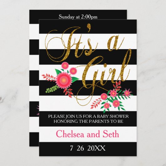 Schwarz-Weiß-Streifen | Rosa Floral | Babydusche Einladung (Vorne/Hinten)