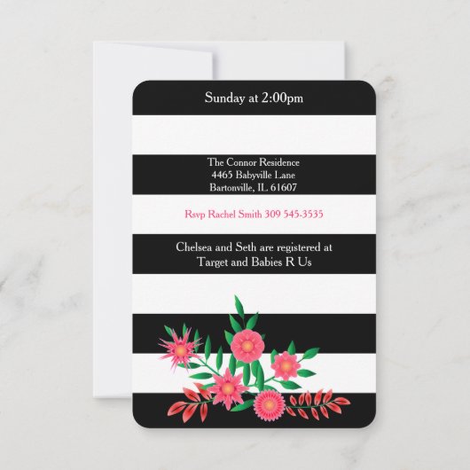 Schwarz-Weiß-Streifen| Rosa Floral| Babydusche Einladung (Rückseite)
