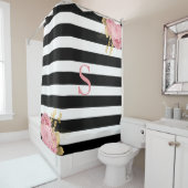 Schwarz-weiß Streifen Rosa Goldflorenmonogramm Duschvorhang (Beispiel)