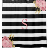 Schwarz-weiß Streifen Rosa Goldflorenmonogramm Duschvorhang (Vorderseite)